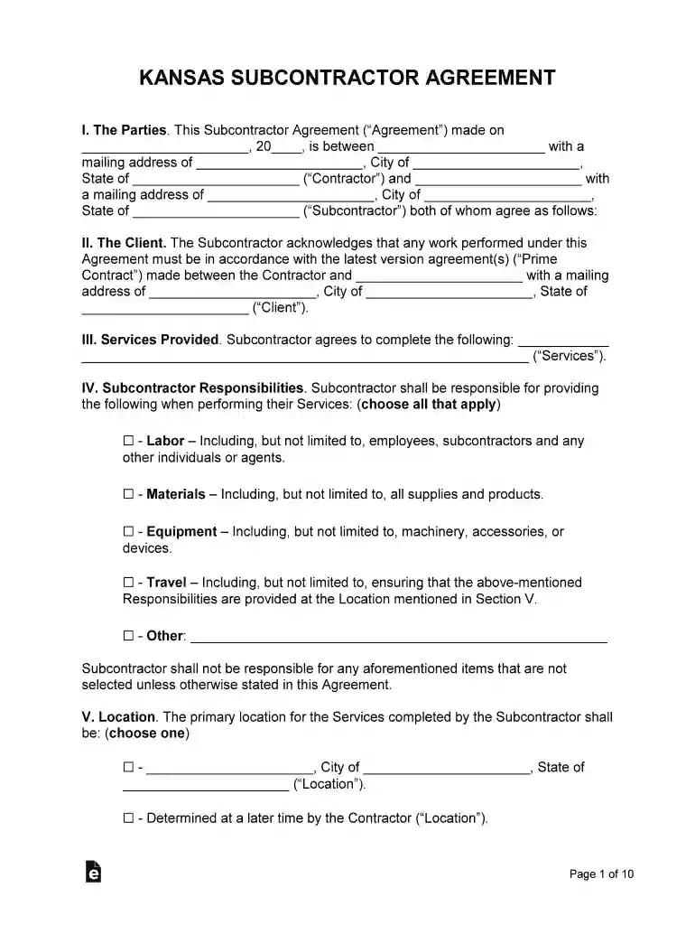 Kansas Subcontractor Agreement Template Preview on Page 1