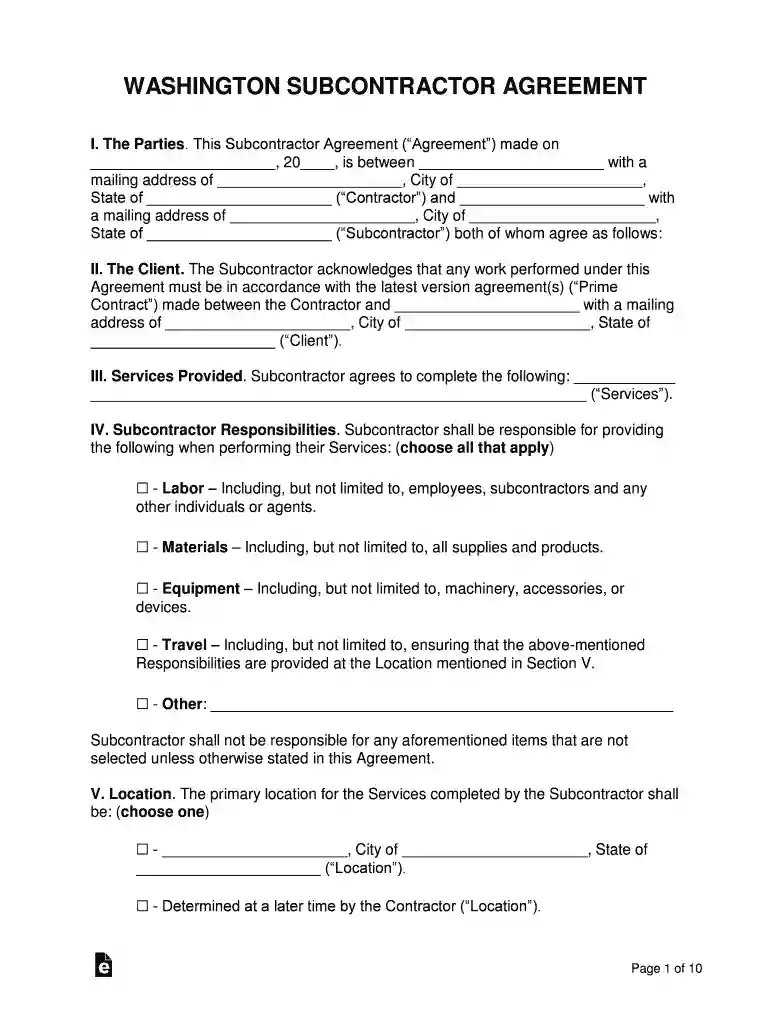 Washington Subcontractor Agreement Template Preview on Page 1