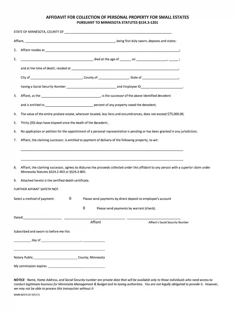 AFFIDAVIT FOR COLLECTION OF PERSONAL PROPERTY FOR SMALL ESTATES Affidavit For Collection of Personal Preview on Page 1