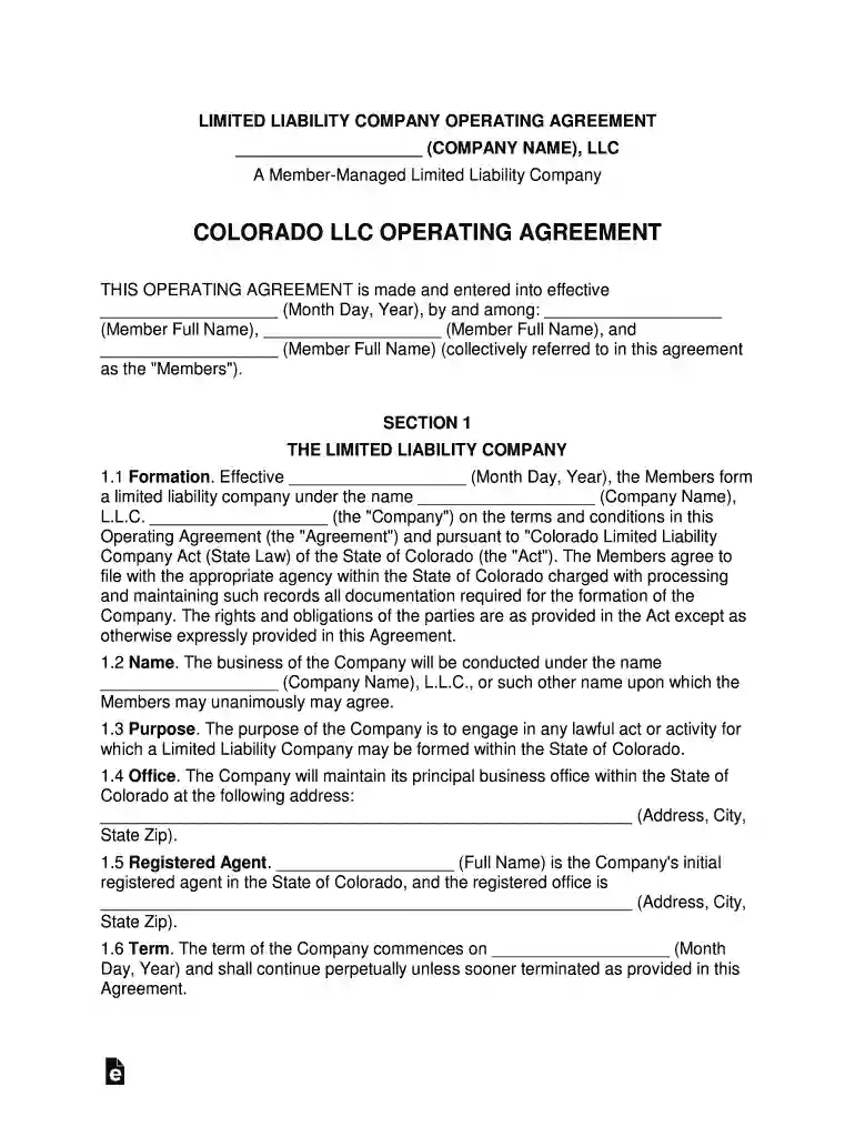colorado llc operating agreement Preview on Page 1