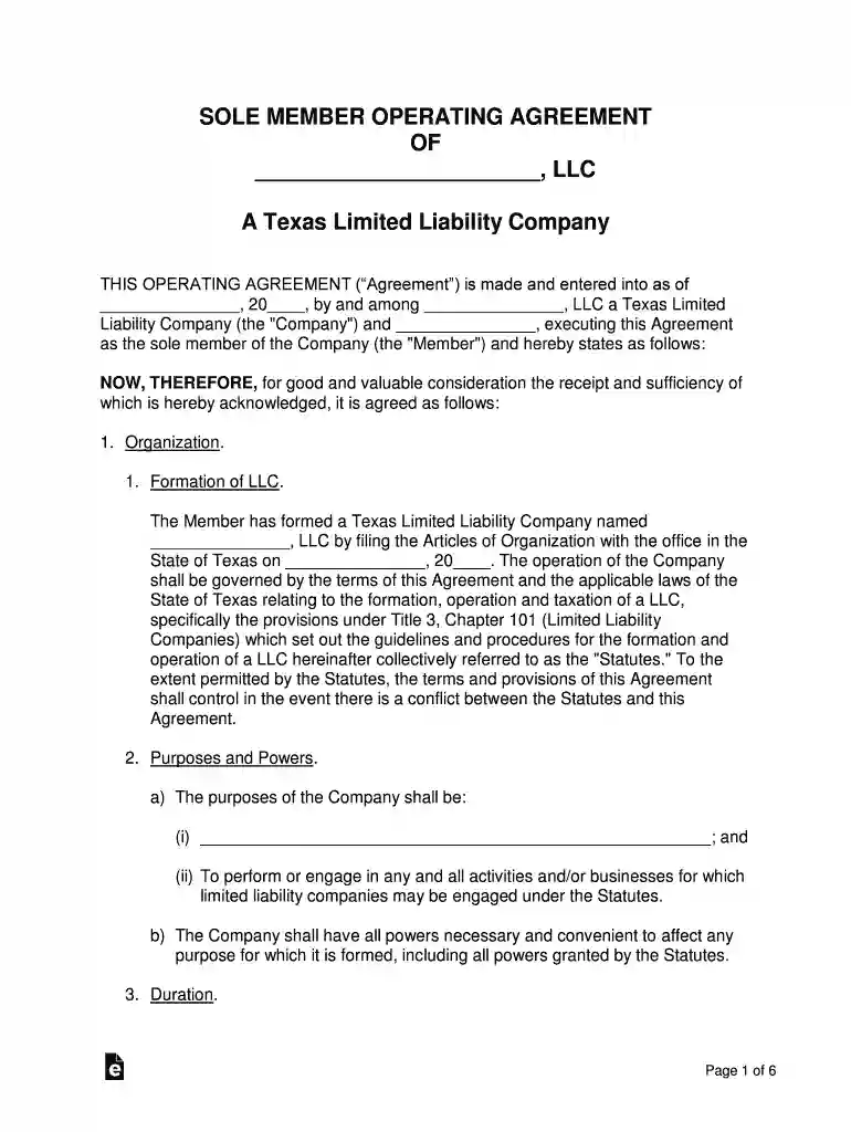 single member llc operating agreement texas Preview on Page 1