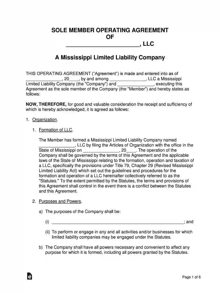 llc operating agreement mississippi Preview on Page 1
