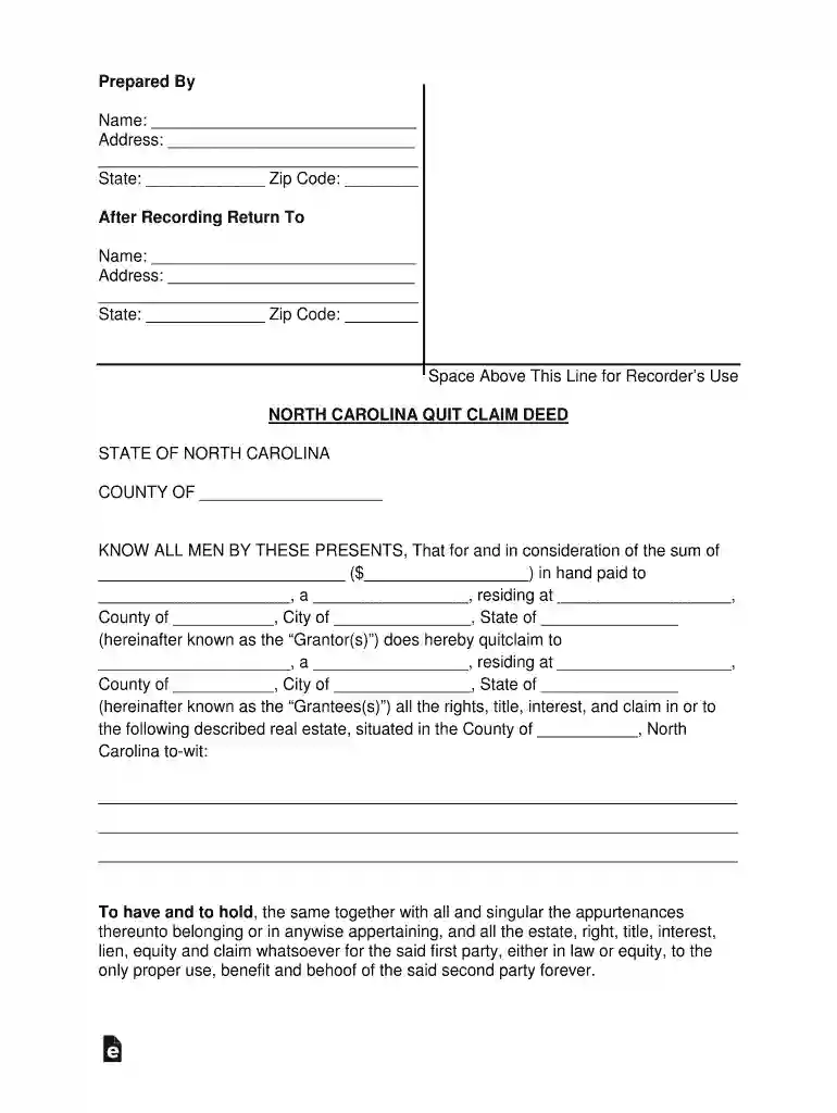 North Carolina Quit Claim Deed Form Preview on Page 1