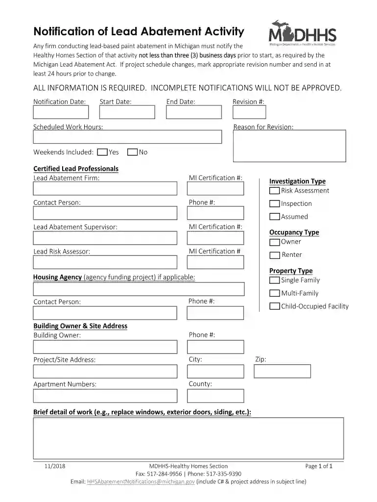 Notification of Lead Abatement Activity Form - michigan Preview on Page 1