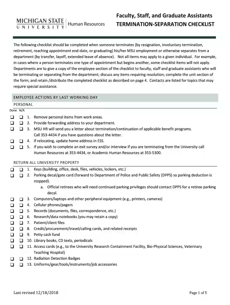 Termination Checklist - Michigan State University College of Preview on Page 1