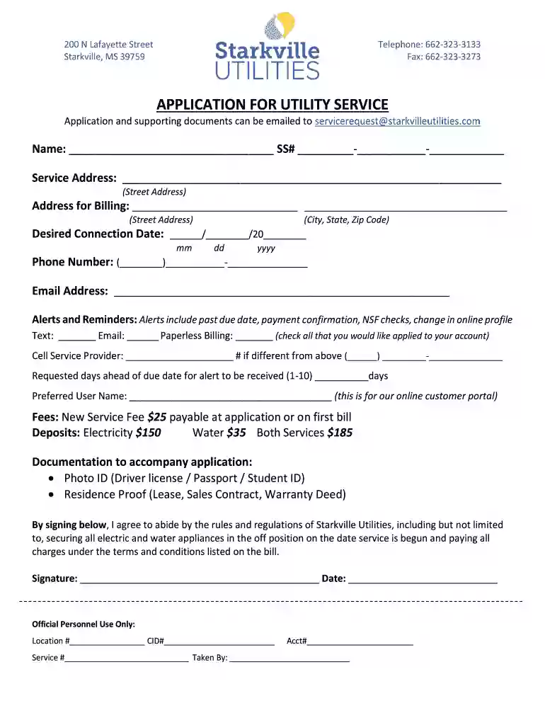 application for utility service - Starkville Utilities Preview on Page 1