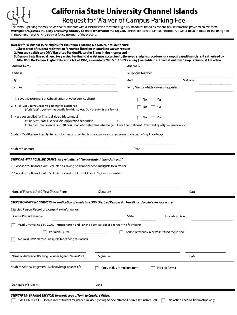 Request for Waiver of Campus Parking Fee Form Preview on Page 1