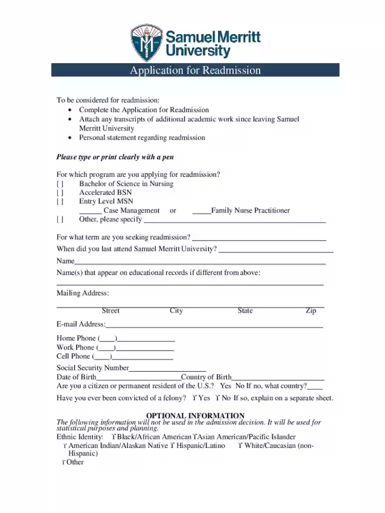 Application for Readmission Preview on Page 1