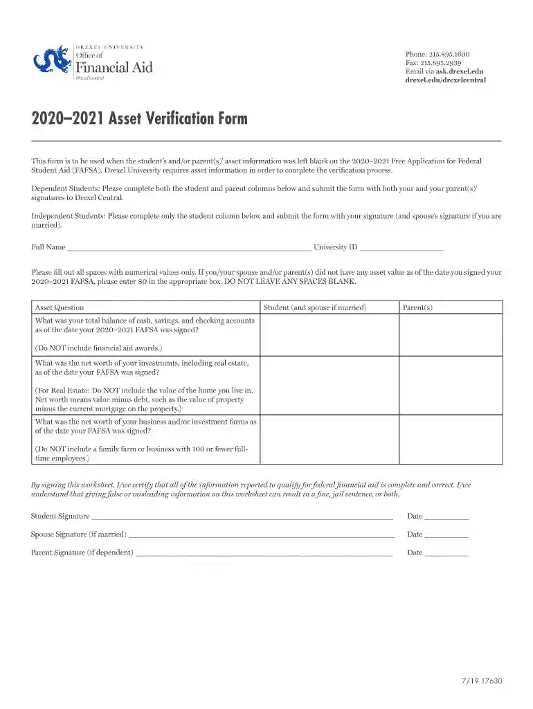 20202021 Supplemental Verification Worksheet - Drexel Preview on Page 1