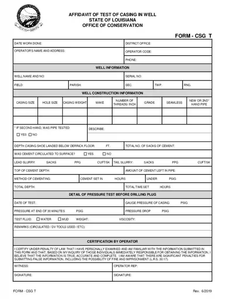AFFIDAVIT OF TEST OF CASING IN WELL Preview on Page 1