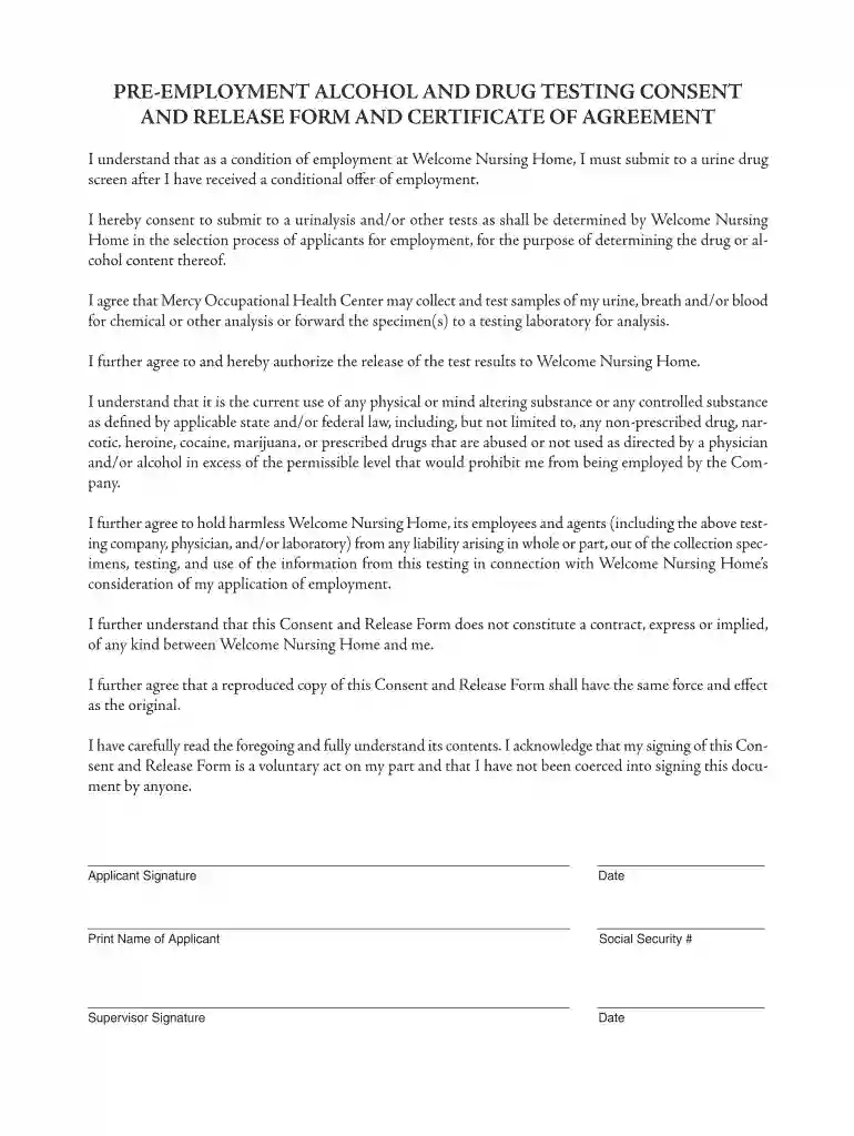 Pre-Employment Consent and Release Form for Drug and Preview on Page 1