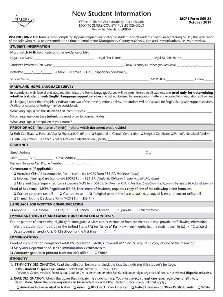 New Student Information Form - Montgomery County Public Preview on Page 1