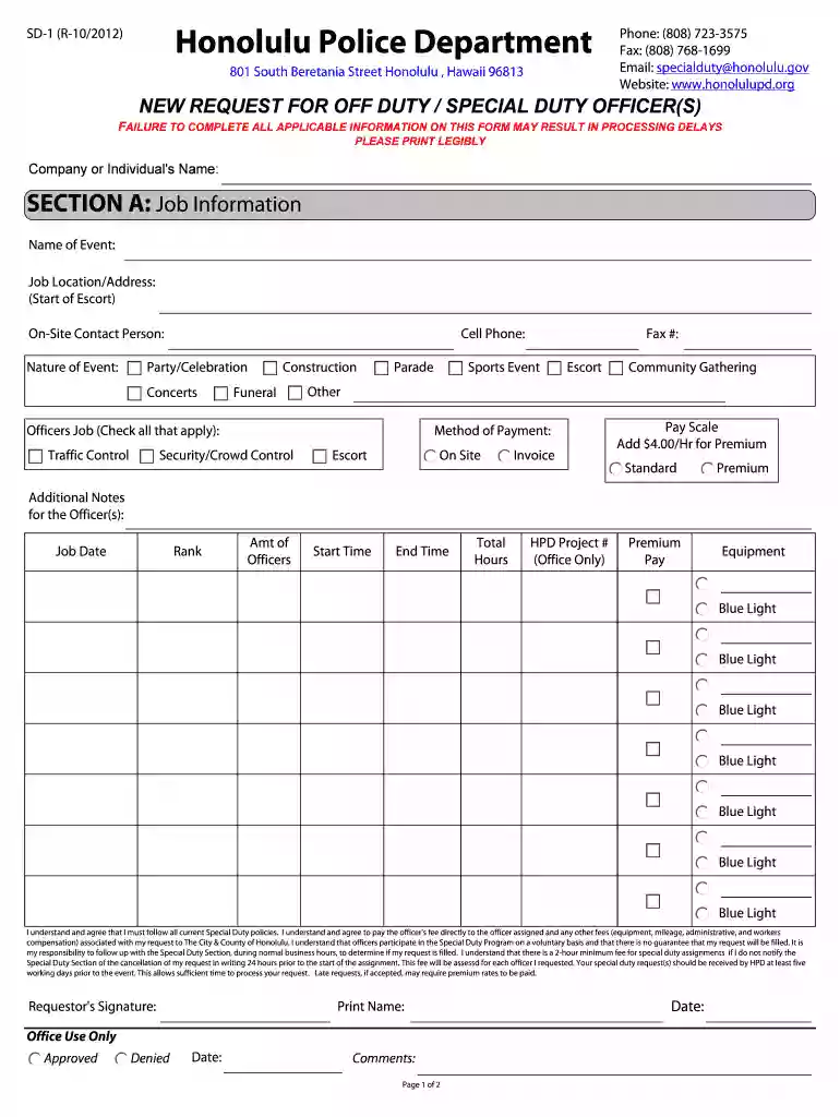 hpd special duty request form Preview on Page 1