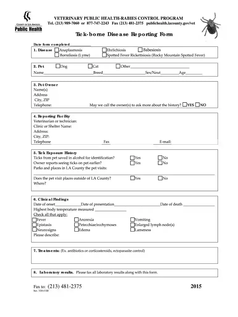 Tick-borne Disease Reporting Form for Animals in Los Angeles County Tick-borne Disease Reporting For Preview on Page 1