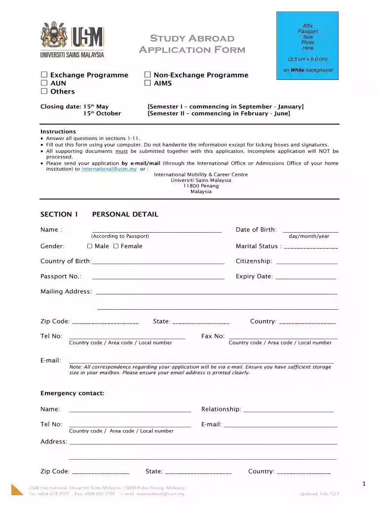 Affix Study Abroad Application Form Here (3 5 cm x 5 0 cm) Preview on Page 1