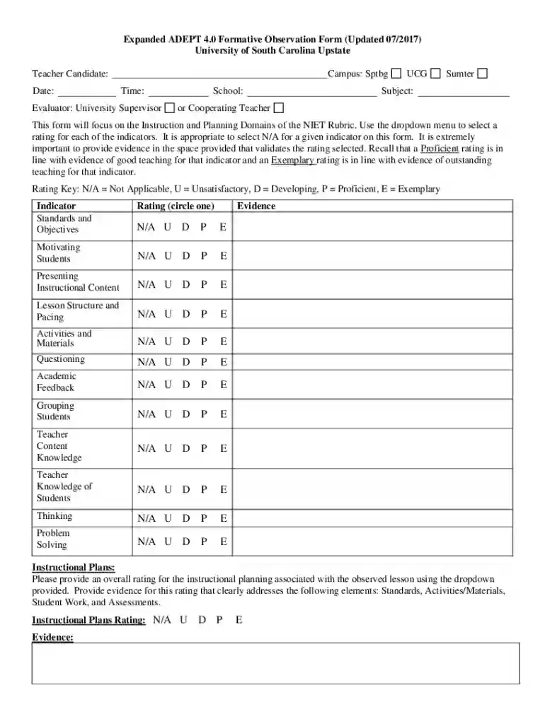 ADEPT 4 0 Formative Observation Form Preview on Page 1
