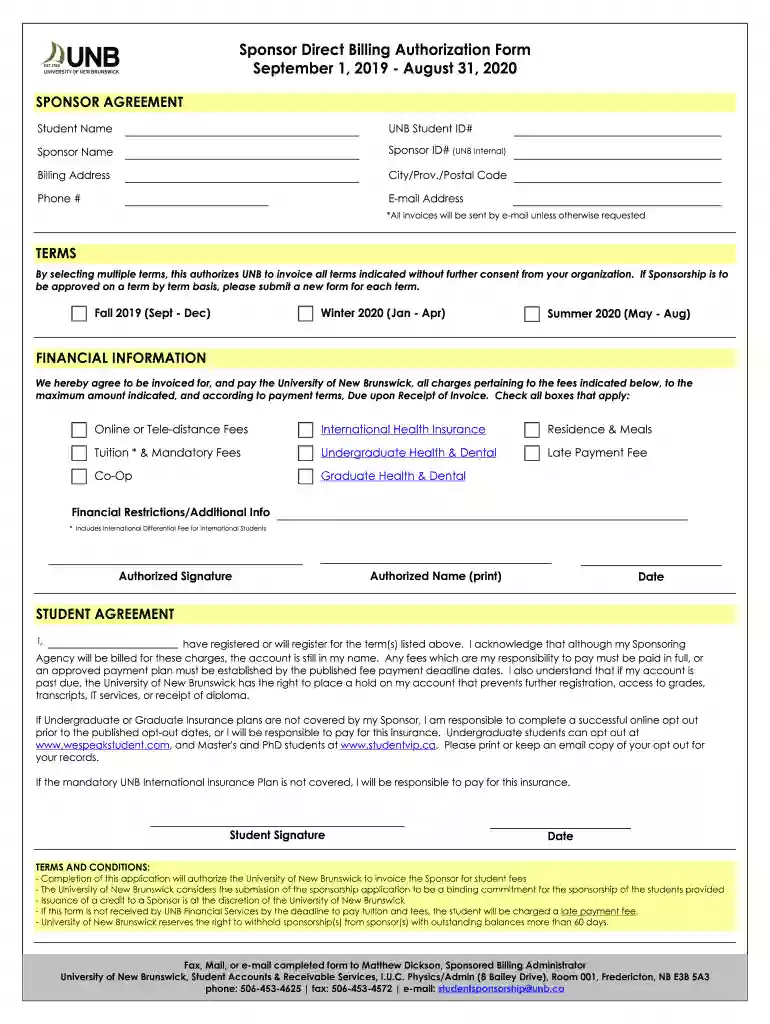 Sponsor Direct Billing Authorization Form September 1 Preview on Page 1
