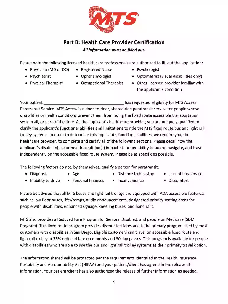 Part B: Health Care Provider Certification - MTS Access Preview on Page 1