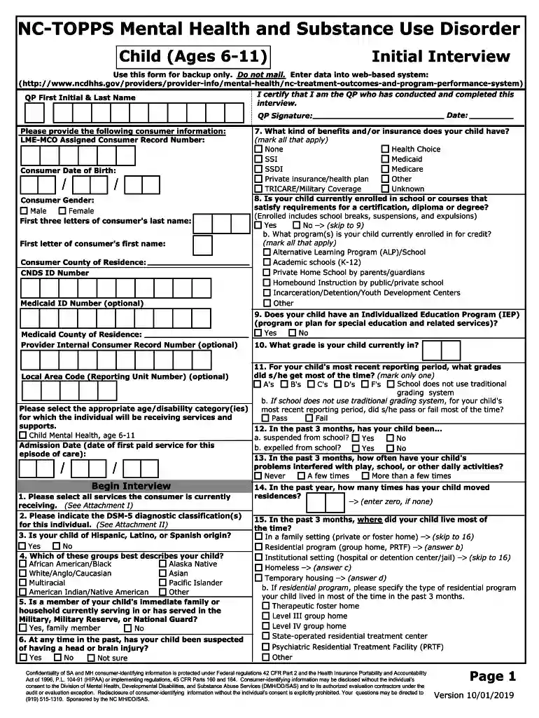 2019 NC-TOPPS Mental Health and Substance Use Disorder Child (Ages 6-11) Initial Interview Preview on Page 1