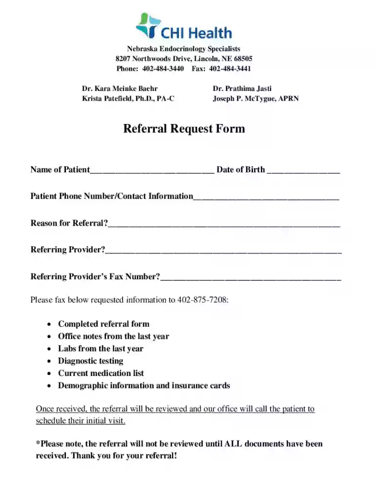 Nebraska Endocrinology Referral Request Form Preview on Page 1