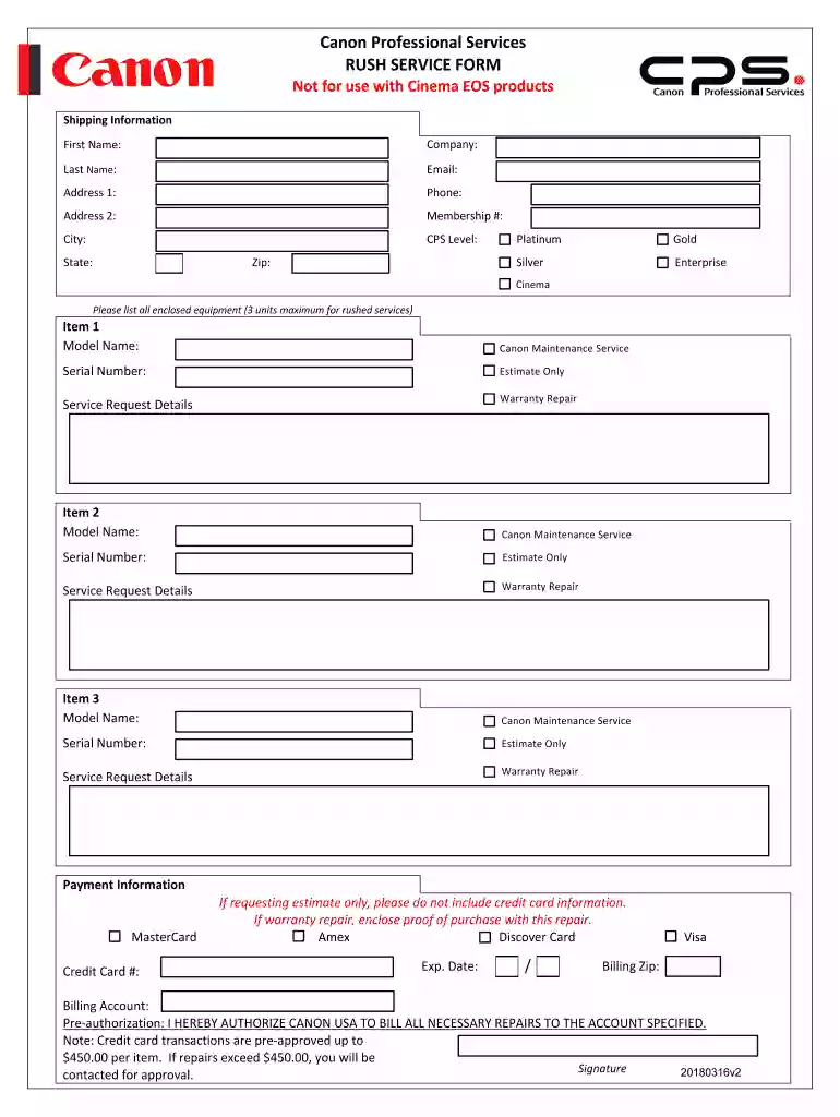 Canon Professional Services RUSH SERVICE FORM Not for use Preview on Page 1