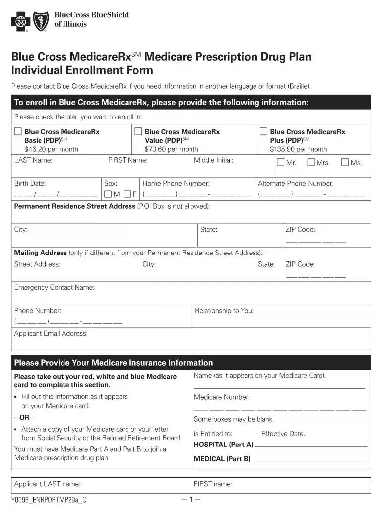 Blue Cross MedicareRxMedicare Prescription Drug Plan Individual Enrollment Form Blue Cross MedicareR Preview on Page 1