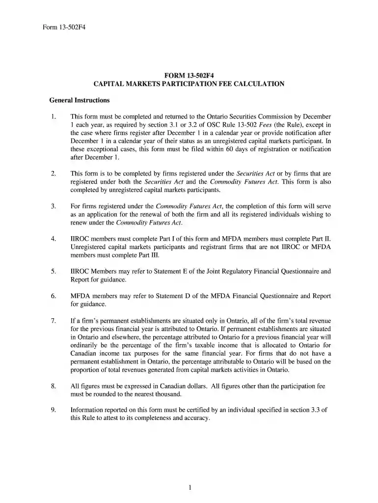 Form 13-502F4 - Capital Markets Participation Fee Calculation Form 13-502F4 - Capital Markets Partic Preview on Page 1