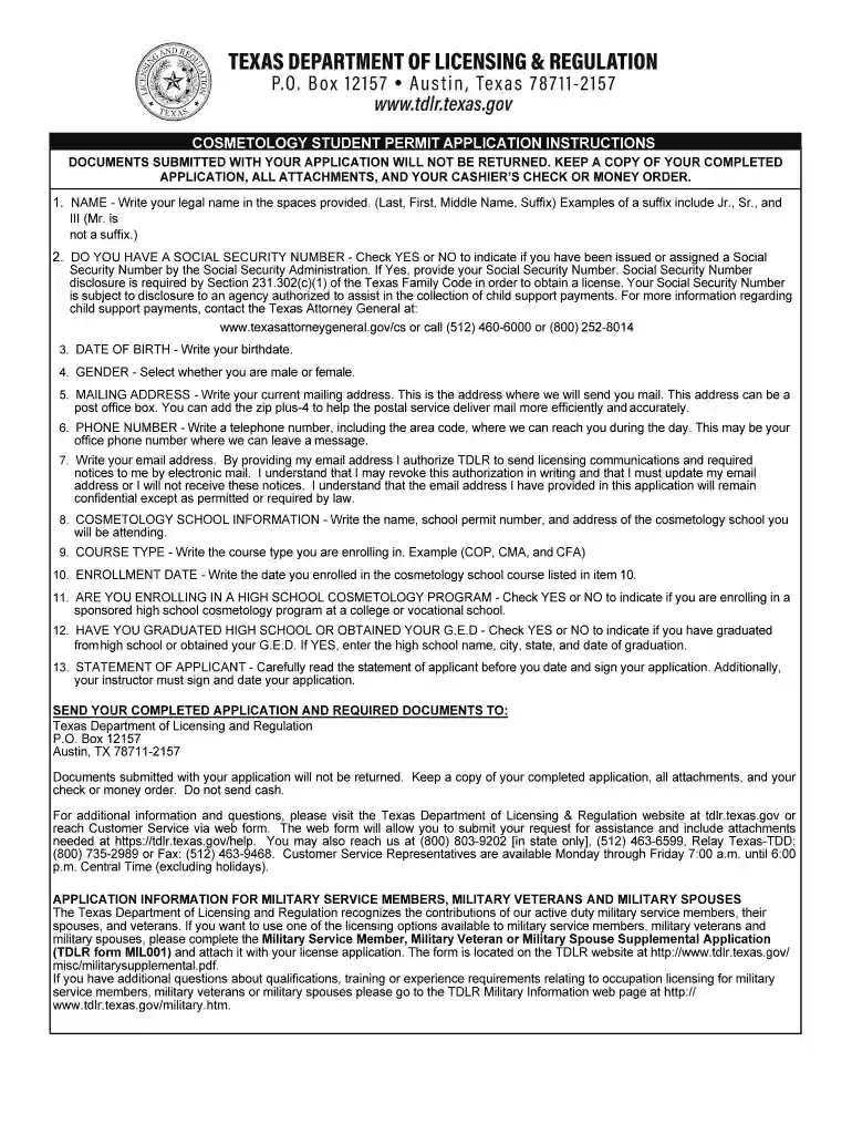 COSMETOLOGY STUDENT PERMIT APPLICATION INSTRUCTIONS Preview on Page 1