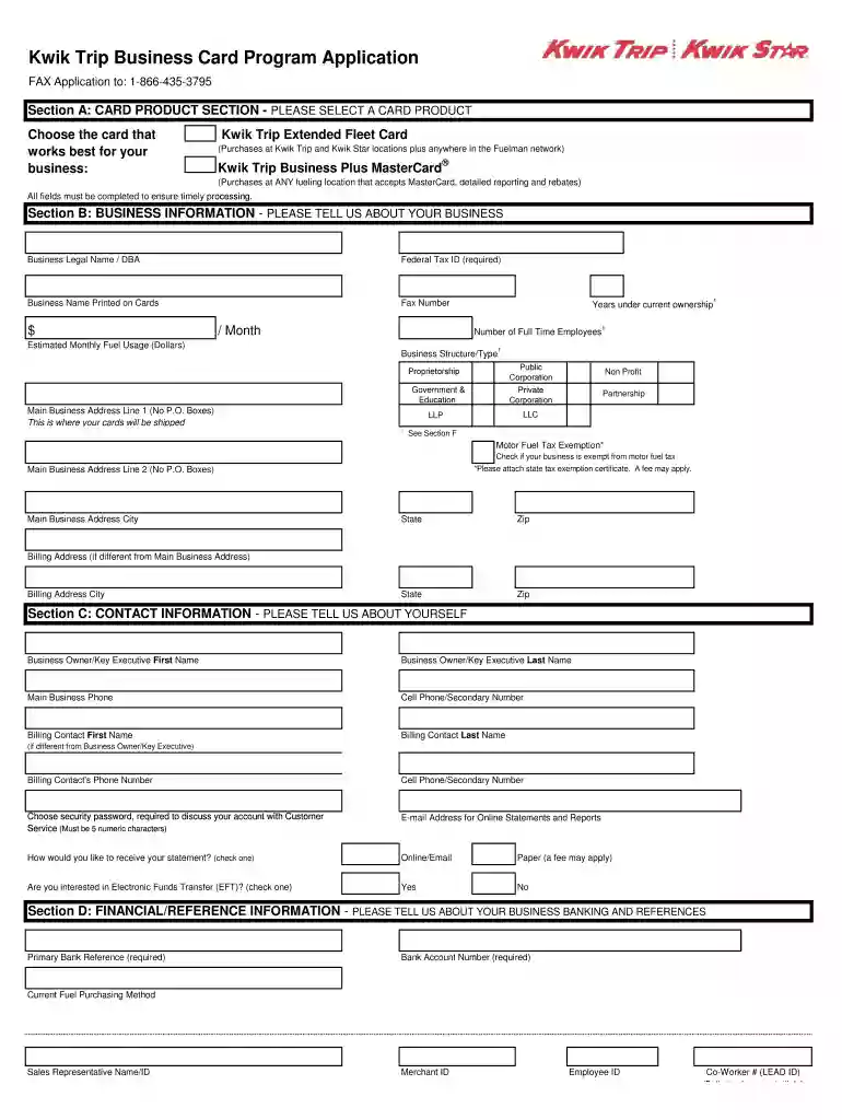 Kwik Trip Business Card Program Application - Kwik Trip Fleet Preview on Page 1