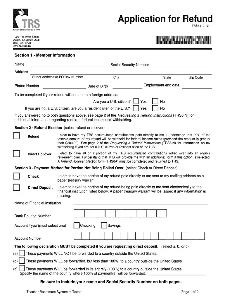trs 6 application for refund Preview on Page 1