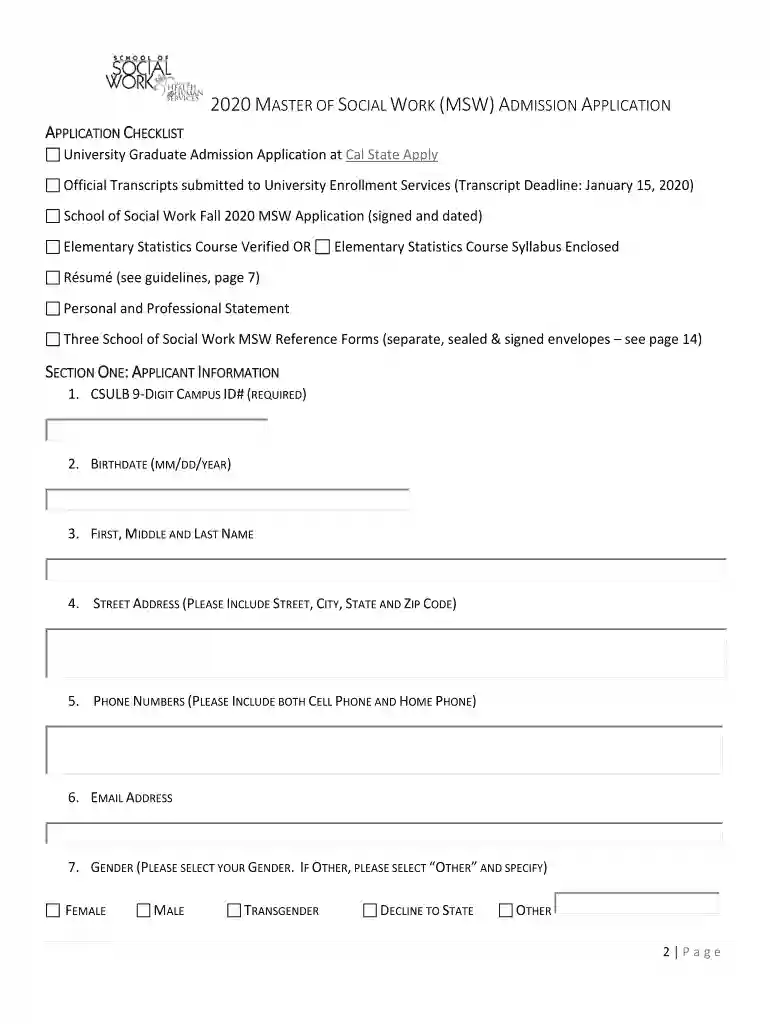2020 Master of Social Work (MSW) Admission Application Preview on Page 1