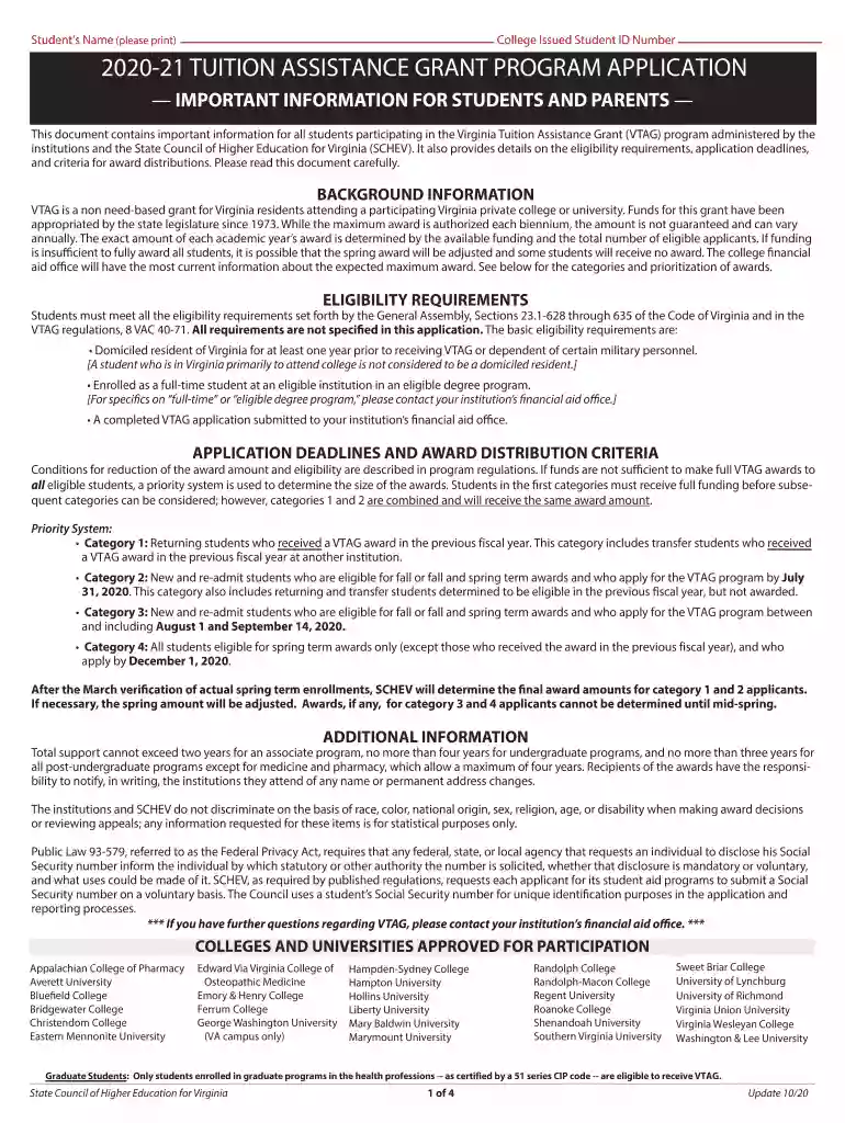 2020-21 Tuition Assistance Grant Program Application Important Information for Students and Parents Preview on Page 1