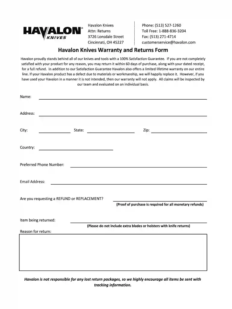 Havalon Knives Warranty and Returns Form Preview on Page 1