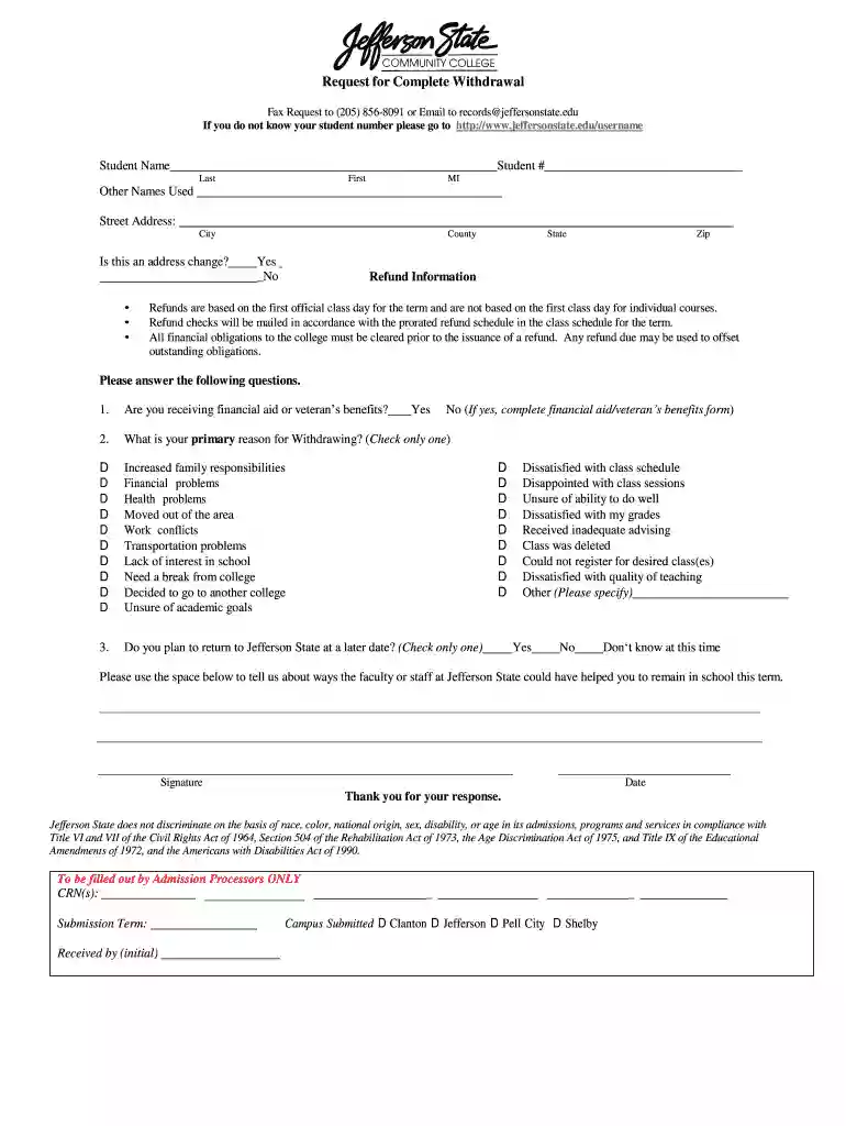 Request for Course Withdrawal - Jefferson State Community Preview on Page 1