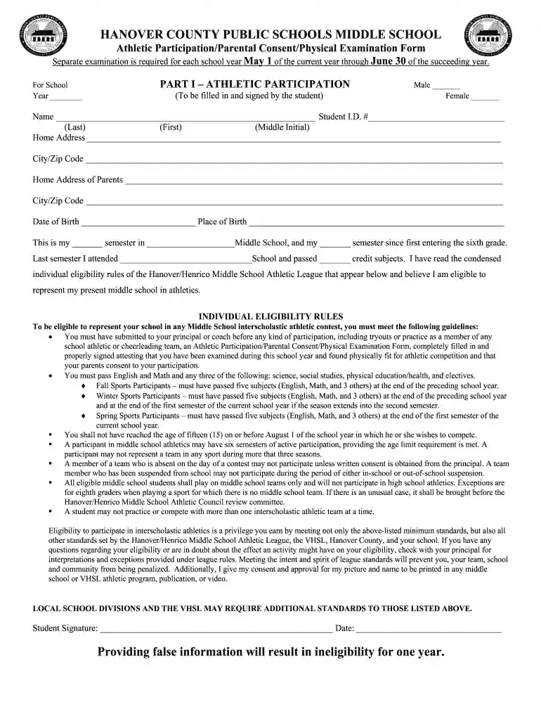 MIDDLE SCHOOL LEAGUE ATHLETIC PARTICIPATION PARENTAL CONSENT Preview on Page 1