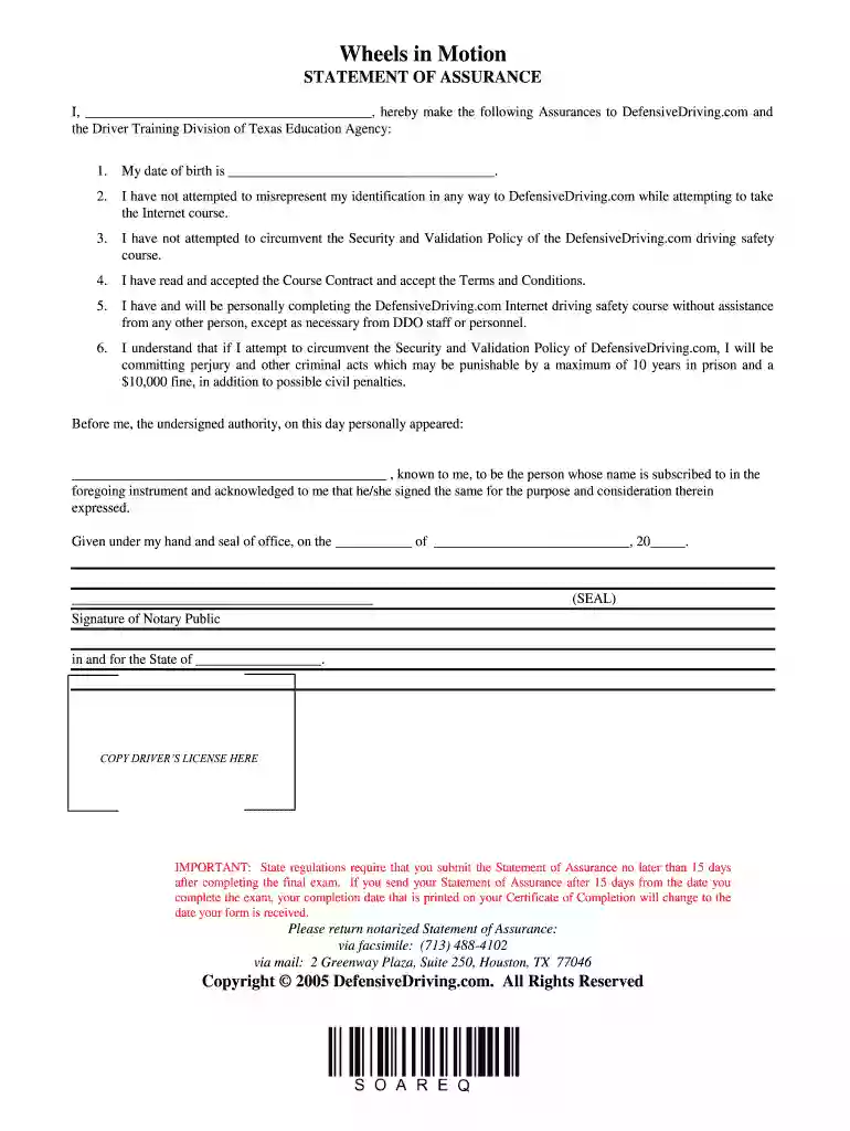 STATEMENT OF ASSURANCE - Defensive driving Preview on Page 1