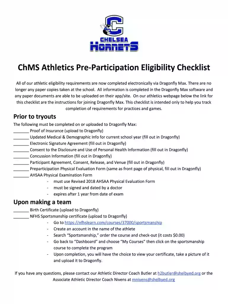 ChMS Athletics Pre-Participation Eligibility Checklist Preview on Page 1