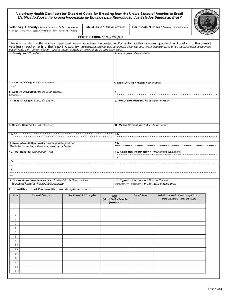 Veterinary Health Certificate for Export of Cattle for Breeding Preview on Page 1