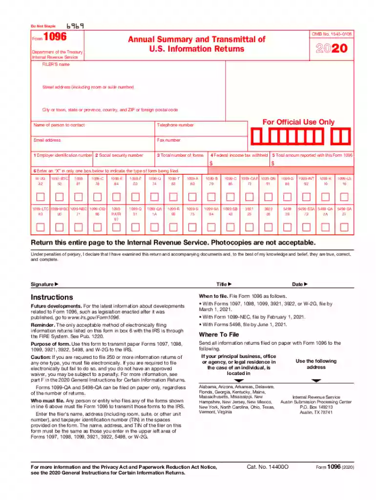 form 1096 2020 Preview on Page 1