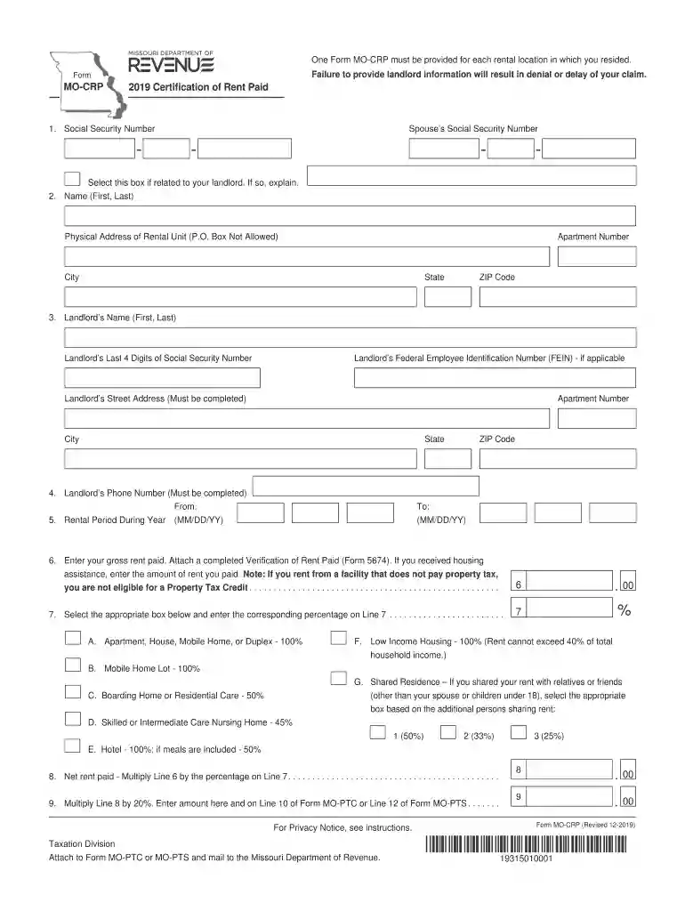 missouri rent rebate 2019 form Preview on Page 1