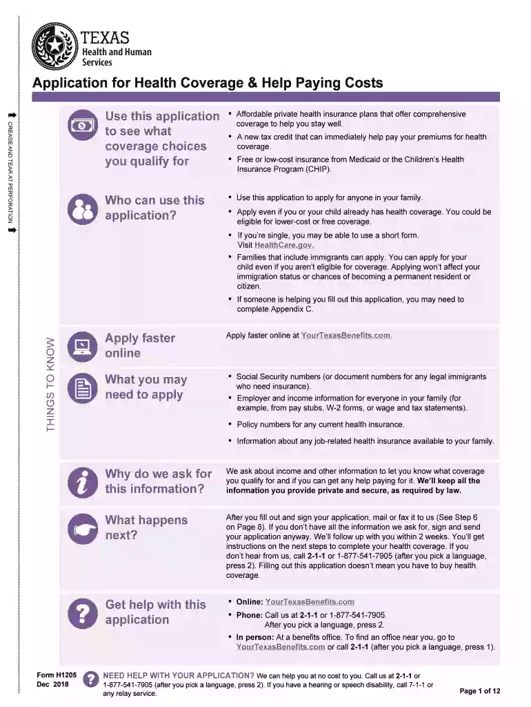 Form H1205, Texas Streamlined ApplicationTexas Health Preview on Page 1