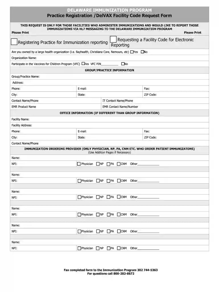 Practice Registration DelVAX Facility Code Request Form Preview on Page 1