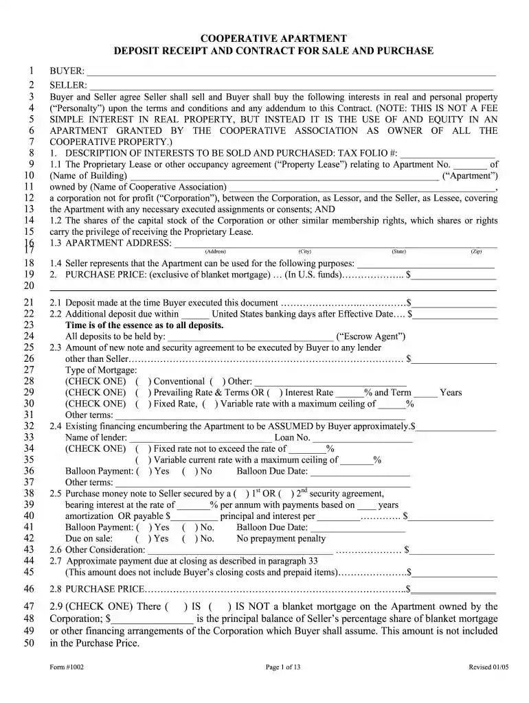 Cooperative apartment deposit receipt and contract for sale Preview on Page 1