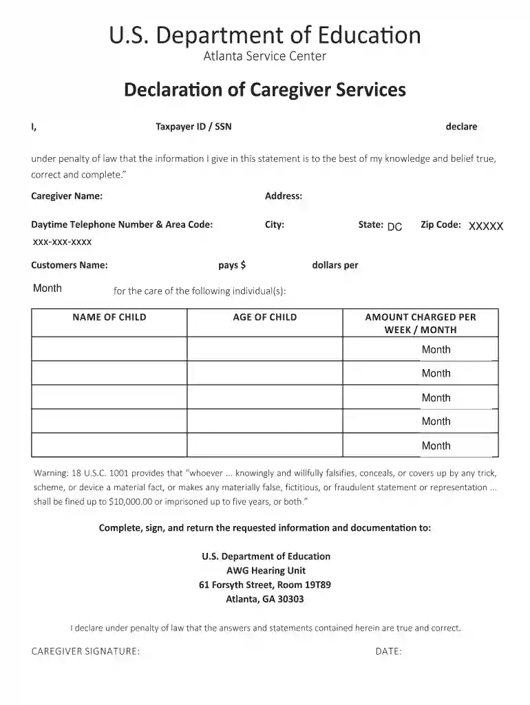 declaration of caregiver services form Preview on Page 1