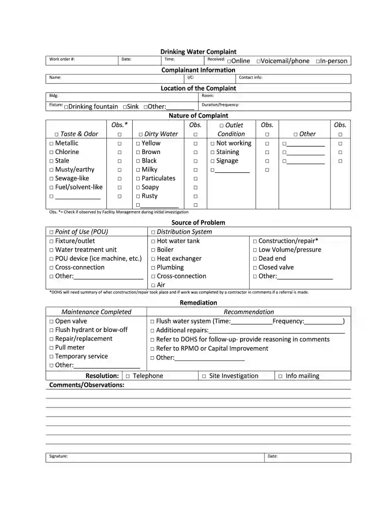 Drinking Water Complaints Recommended Form Drinking Water Form Preview on Page 1