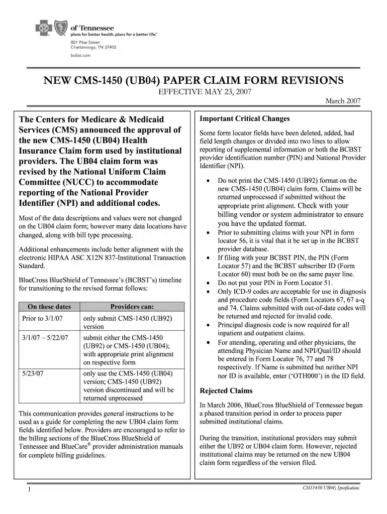 cms ub 04 claim form Preview on Page 1