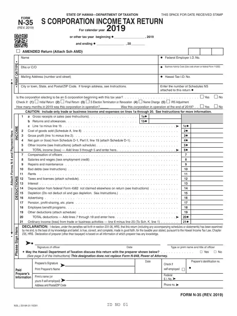 Form N-35, Rev. 2019, S Corporation Income Tax Return. Forms 2019 - Fillable Preview on Page 1