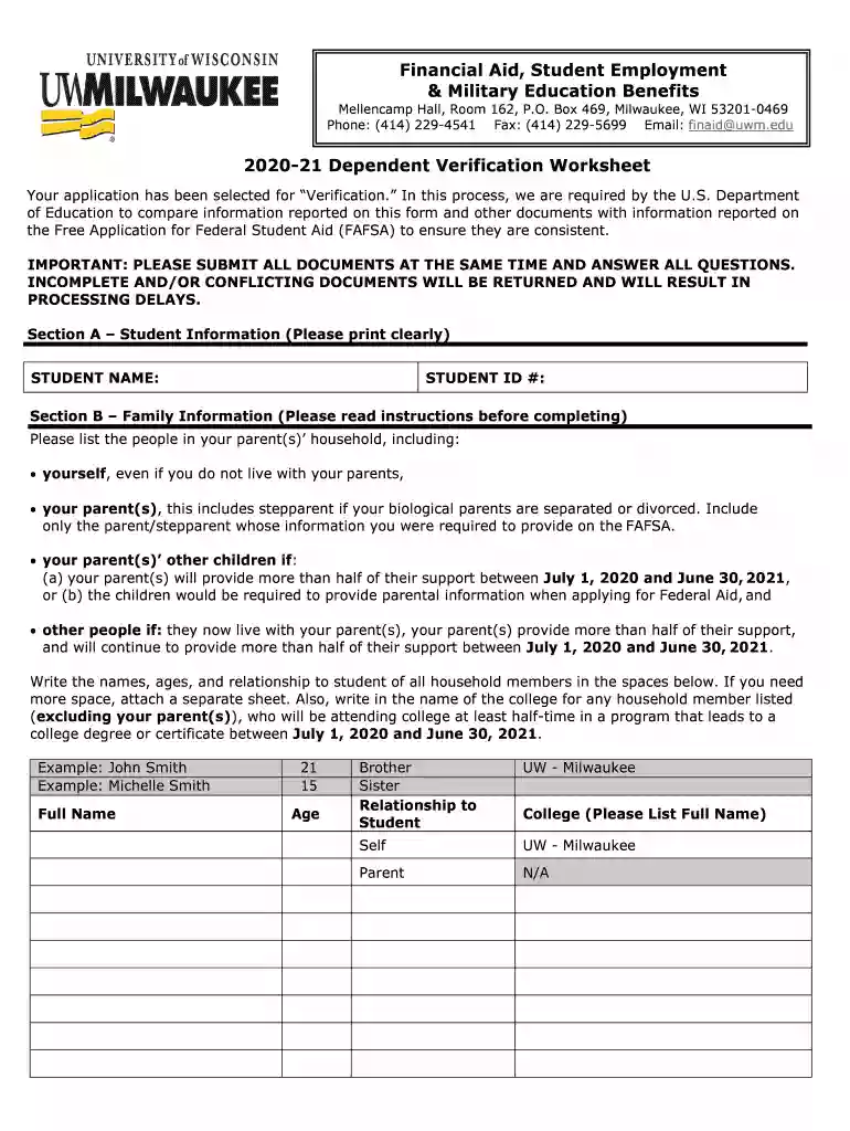 Dependent Verification Worksheet and Instructions - UW Preview on Page 1