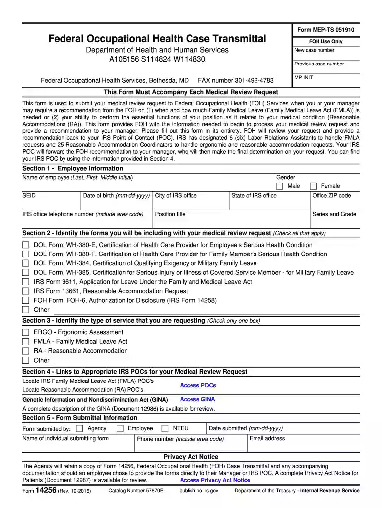 Form 14256 (Rev 10-2016) Federal Occupational Health Case Transmittal Preview on Page 1