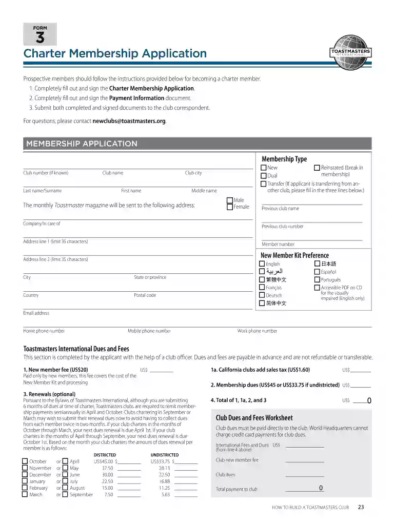 Fillable Online toastmasters FORM 3 Charter Membership Preview on Page 1